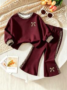 Girls 2 Pieces Vintage Sweet Leopard Print Sweatshirt Set, Black, Round Neck Long Sleeve Street Casual Style Outfit, Suitable For Winter, Daily Wear, Back To School Season - Multicolor - View 4