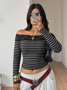 Coolane 女款大尺碼秋冬優雅正式日常休閒彈性長袖黑色灰色條紋蕾絲拼接露肩上衣 - 彩色 - 查看 1