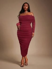 Radiana Plus Size Women's Burgundy Autumn Elegant Party Fall&Winter,Spring&Summer Gorgeous Sequined Off Shoulder Ruched Mesh Bodycon Dress,Blingbling,Shiny - Burgundy - View 6