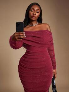 Radiana Plus Size Women's Burgundy Autumn Elegant Party Fall&Winter,Spring&Summer Gorgeous Sequined Off Shoulder Ruched Mesh Bodycon Dress,Blingbling,Shiny - Burgundy - View 3