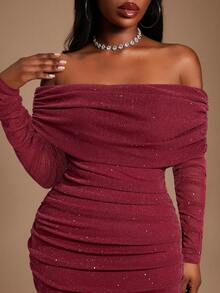Radiana Plus Size Women's Burgundy Autumn Elegant Party Fall&Winter,Spring&Summer Gorgeous Sequined Off Shoulder Ruched Mesh Bodycon Dress,Blingbling,Shiny - Burgundy - View 5