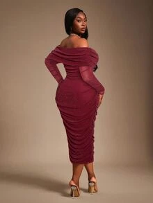 Radiana Plus Size Women's Burgundy Autumn Elegant Party Fall&Winter,Spring&Summer Gorgeous Sequined Off Shoulder Ruched Mesh Bodycon Dress,Blingbling,Shiny - Burgundy - View 2