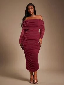 Radiana Plus Size Women's Burgundy Autumn Elegant Party Fall&Winter,Spring&Summer Gorgeous Sequined Off Shoulder Ruched Mesh Bodycon Dress,Blingbling,Shiny - Burgundy - View 1