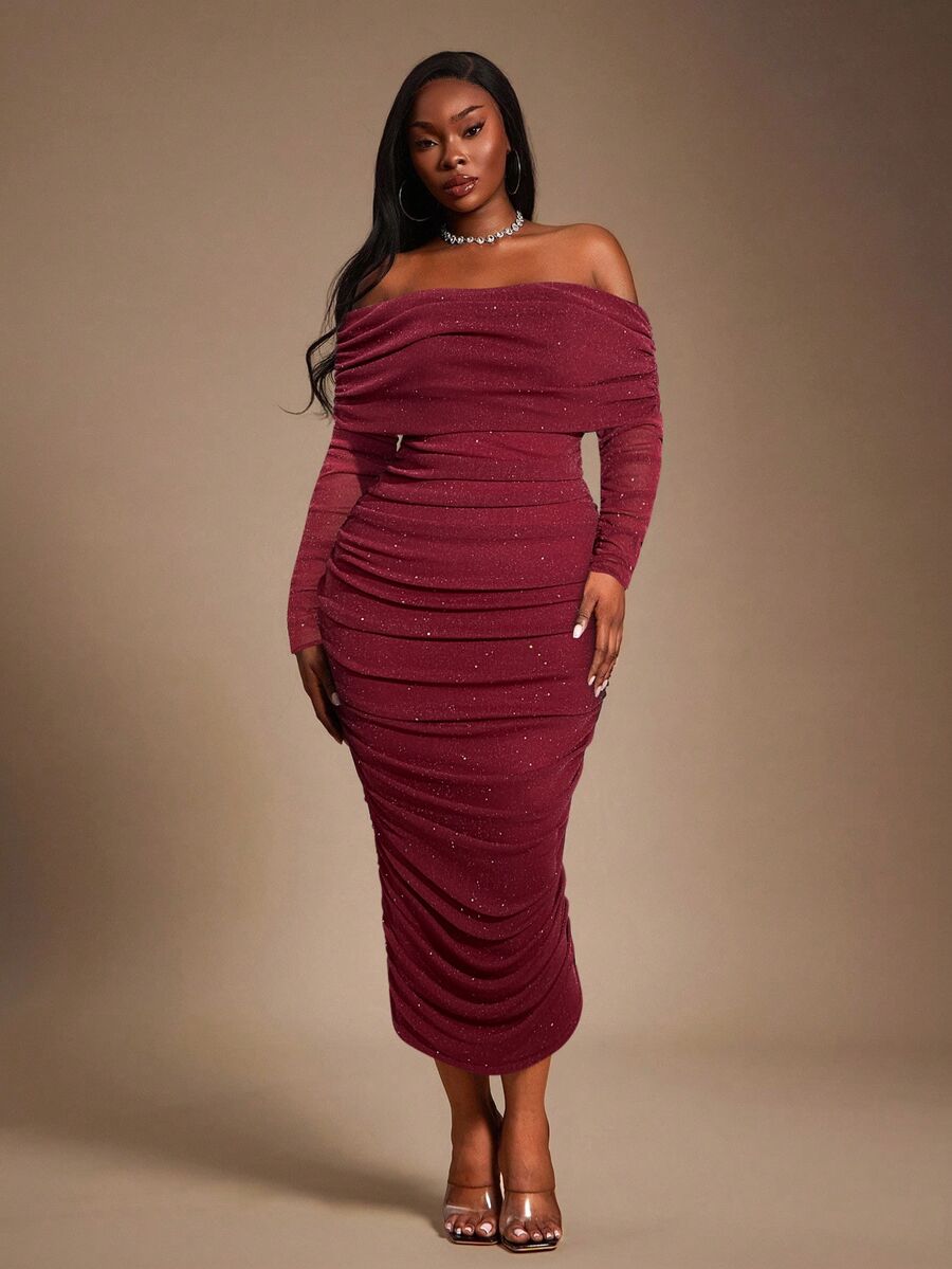Radiana Plus Size Women's Burgundy Autumn Elegant Party Fall&Winter,Spring&Summer Gorgeous Sequined Off Shoulder Ruched Mesh Bodycon Dress,Blingbling,Shiny - Burgundy - View 1