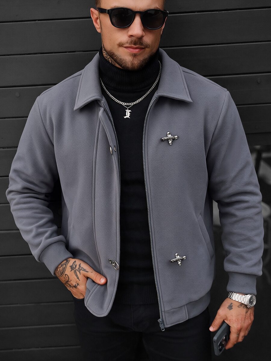 Manfinity CasualCool Men's Solid Color Wool Blend Long Sleeve Zipper Jacket, High-End Airplane Button Decoration, Suitable For Formal Or Casual Streetwear Grey Fall - Grey - View 1