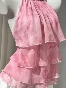 Elamini 女款春夏休閒浪漫優雅度假風荷葉邊層次雪紡粉白印花收腰繫帶襯衫，修身顯瘦，適合海灘派對 - 淺粉色 - 查看 7