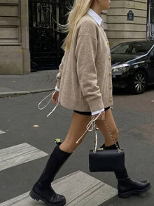 Cévolie Autumn/Winter Luxury French Style Versatile Dropped Shoulder Long Sleeve Knit Cardigan - Khaki - View 4
