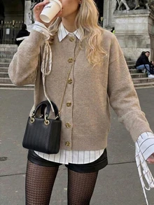 Cévolie Autumn/Winter Luxury French Style Versatile Dropped Shoulder Long Sleeve Knit Cardigan - Khaki - View 2