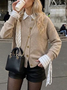 Cévolie Autumn/Winter Luxury French Style Versatile Dropped Shoulder Long Sleeve Knit Cardigan - Khaki - View 9