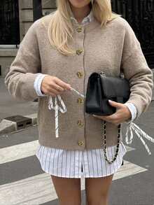 Cévolie Autumn/Winter Luxury French Style Versatile Dropped Shoulder Long Sleeve Knit Cardigan - Khaki - View 7
