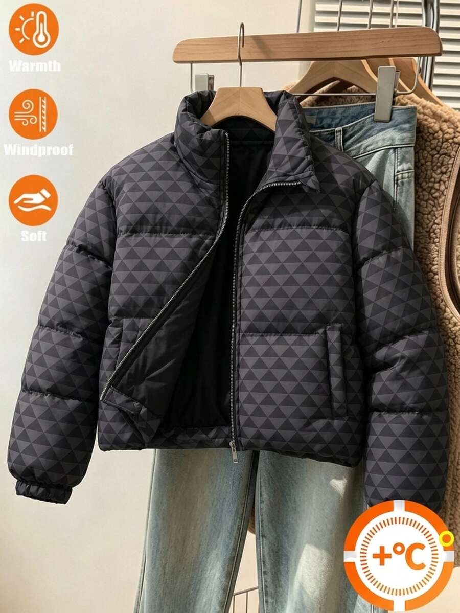 SHEIN 青少年女孩幾何印花短版立領三角圖案冬季外套 黑色街頭風可愛校園社團外套 - 黑色 - 查看 1