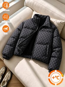 SHEIN 青少年女孩幾何印花短版立領三角圖案冬季外套 黑色街頭風可愛校園社團外套 - 黑色 - 查看 10