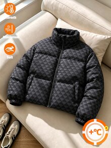 SHEIN 青少年女孩幾何印花短版立領三角圖案冬季外套 黑色街頭風可愛校園社團外套 - 黑色 - 查看 8