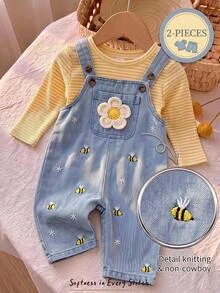 Cozy Pixies Baby Girls Jumpsuits Knit Yellow Powder Blue Overall Pants 2 Pieces Set Holiday Beach Autumn Casual Cute - Multicolor - View 1