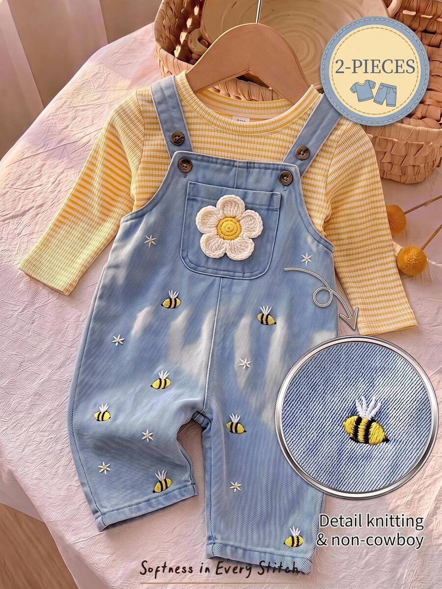 Cozy Pixies Baby Girls Jumpsuits Knit Yellow Powder Blue Overall Pants 2 Pieces Set Holiday Beach Autumn Casual Cute - Multicolor - View 1