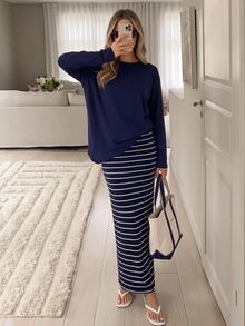 Easowa Women's Solid Color Long Sleeve Top And Striped Skirt Casual 2 Pieces Set - Navy Blue - View 2