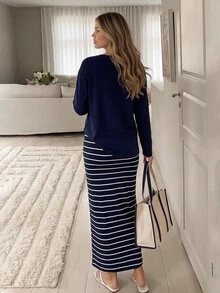 Easowa Women's Solid Color Long Sleeve Top And Striped Skirt Casual 2 Pieces Set - Navy Blue - View 5