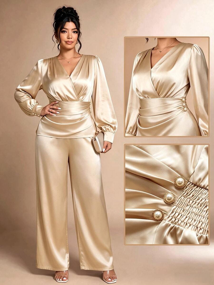 Cravure Plus Size Women's Elegant Fashion Commute Champagne Color Cross Shirred Long Sleeve Back Gathered Design A-Line Blouse, Satin Glossy Fabric Full Elastic Waist Easy On/Off Straight Leg Wide Leg Pants 2 Pieces Set - Apricot - View 1