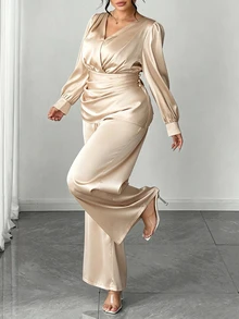 Cravure Plus Size Women's Elegant Fashion Commute Champagne Color Cross Shirred Long Sleeve Back Gathered Design A-Line Blouse, Satin Glossy Fabric Full Elastic Waist Easy On/Off Straight Leg Wide Leg Pants 2 Pieces Set - Apricot - View 5