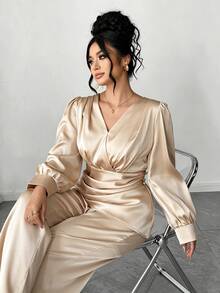 Cravure Plus Size Women's Elegant Fashion Commute Champagne Color Cross Shirred Long Sleeve Back Gathered Design A-Line Blouse, Satin Glossy Fabric Full Elastic Waist Easy On/Off Straight Leg Wide Leg Pants 2 Pieces Set - Apricot - View 3