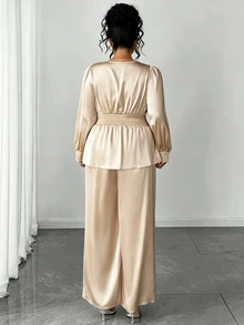 Cravure Plus Size Women's Elegant Fashion Commute Champagne Color Cross Shirred Long Sleeve Back Gathered Design A-Line Blouse, Satin Glossy Fabric Full Elastic Waist Easy On/Off Straight Leg Wide Leg Pants 2 Pieces Set - Apricot - View 2