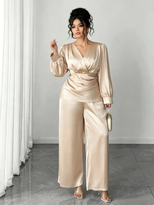 Cravure Plus Size Women's Elegant Fashion Commute Champagne Color Cross Shirred Long Sleeve Back Gathered Design A-Line Blouse, Satin Glossy Fabric Full Elastic Waist Easy On/Off Straight Leg Wide Leg Pants 2 Pieces Set - Apricot - View 6