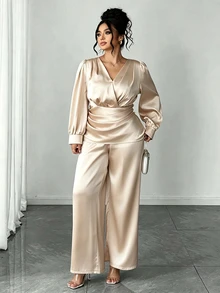 Cravure Plus Size Women's Elegant Fashion Commute Champagne Color Cross Shirred Long Sleeve Back Gathered Design A-Line Blouse, Satin Glossy Fabric Full Elastic Waist Easy On/Off Straight Leg Wide Leg Pants 2 Pieces Set - Apricot - View 4