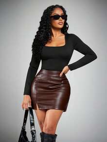 Radiana Women's Solid Color High Waist PU Leather Side Slit Hem Fashionable Bodycon Skirt, Fall Winter - Chocolate Brown - View 6