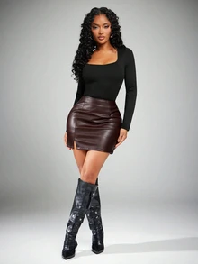 Radiana Women's Solid Color High Waist PU Leather Side Slit Hem Fashionable Bodycon Skirt, Fall Winter - Chocolate Brown - View 5