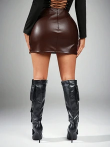 Radiana Women's Solid Color High Waist PU Leather Side Slit Hem Fashionable Bodycon Skirt, Fall Winter - Chocolate Brown - View 2
