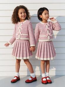 Maija Kids Maija Kids 少女格紋蝴蝶結裝飾長袖上衣與百褶迷你裙時尚套裝 - 粉色 - 查看 2