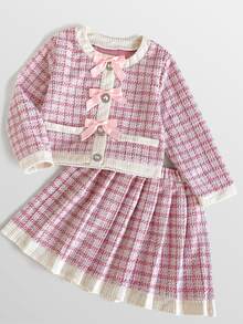 Maija Kids Maija Kids 少女格紋蝴蝶結裝飾長袖上衣與百褶迷你裙時尚套裝 - 粉色 - 查看 1