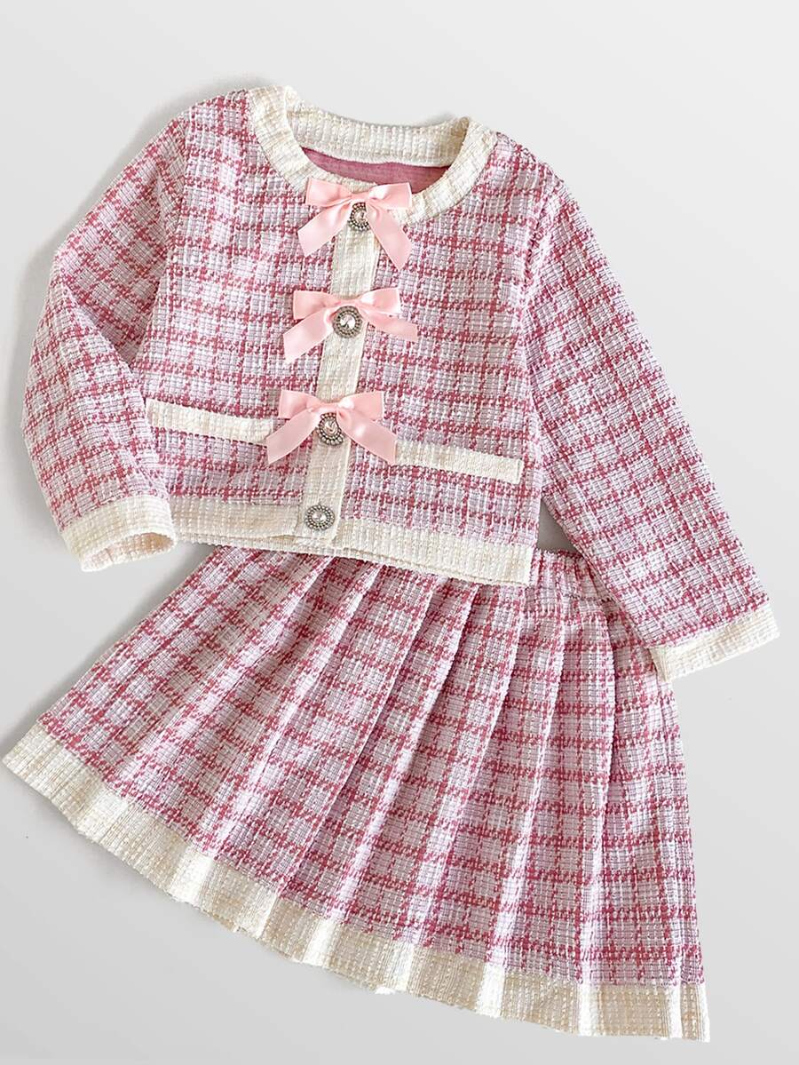 Maija Kids Maija Kids 少女格紋蝴蝶結裝飾長袖上衣與百褶迷你裙時尚套裝 - 粉色 - 查看 1