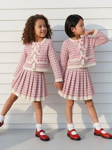 Maija Kids Maija Kids 少女格紋蝴蝶結裝飾長袖上衣與百褶迷你裙時尚套裝 - 粉色 - 查看 3