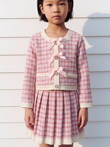 Maija Kids Maija Kids 少女格紋蝴蝶結裝飾長袖上衣與百褶迷你裙時尚套裝 - 粉色 - 查看 7