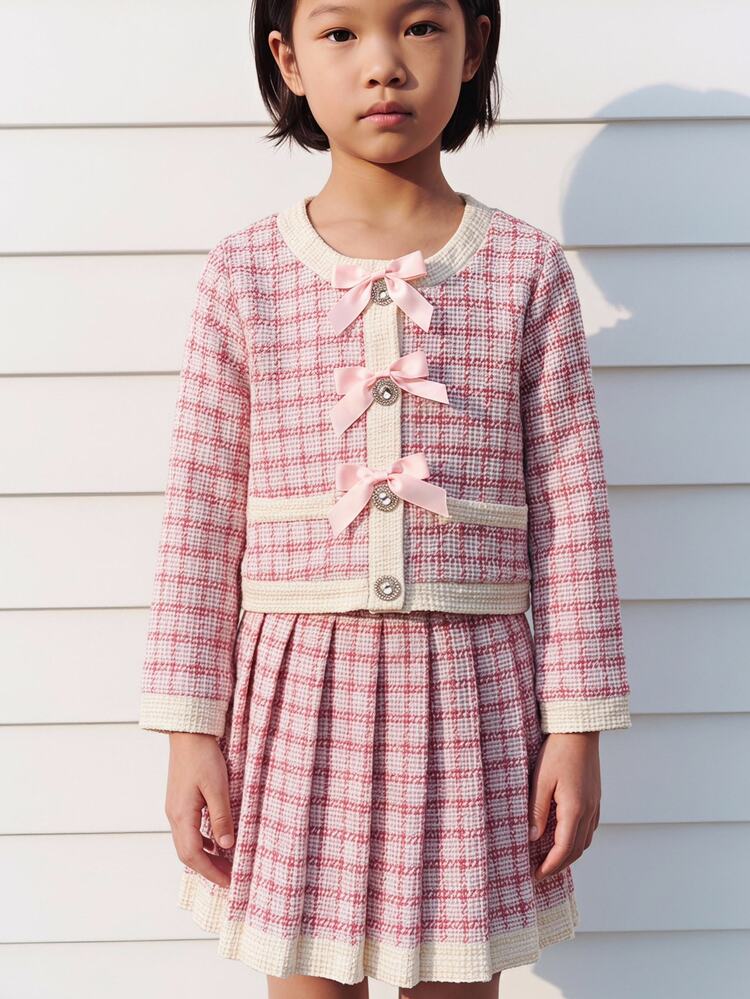 Maija Kids Maija Kids Young Girl Plaid Bow Decor Long Sleeve Top And Pleated Mini Skirt Fashion Set - Pink - View 7