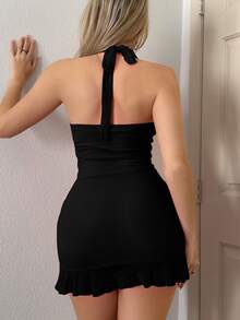 Sweetina Y2k Summer Halter Neck Tie, Ruffle Edge, Sheer Mesh Wrap Mini Pink Dress - Black - View 3