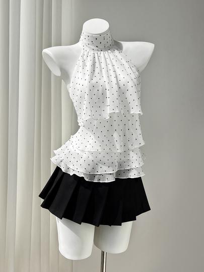 Elamini Blusa de mujer con estampado de lunares, escote halter y espalda descubierta, ideal para vacaciones