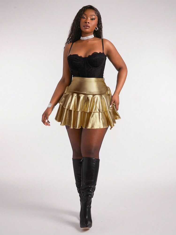 Radiana Plus Size Women's Gold PU Fabric Drawstring Ruched Waist Double-Layer Flared Mini Skirt,Sommar 70's Party Rave High Waisted Music Festival Club Skirt - Gold - View 6