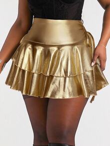 Radiana Plus Size Women's Gold PU Fabric Drawstring Ruched Waist Double-Layer Flared Mini Skirt,Sommar 70's Party Rave High Waisted Music Festival Club Skirt - Gold - View 7