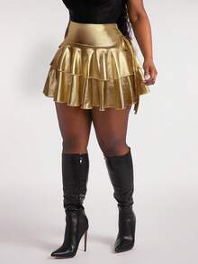 Radiana Plus Size Women's Gold PU Fabric Drawstring Ruched Waist Double-Layer Flared Mini Skirt,Sommar 70's Party Rave High Waisted Music Festival Club Skirt - Gold - View 4
