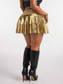 Radiana Plus Size Women's Gold PU Fabric Drawstring Ruched Waist Double-Layer Flared Mini Skirt,Sommar 70's Party Rave High Waisted Music Festival Club Skirt - Gold - View 2