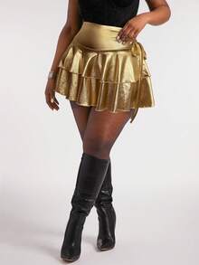Radiana Plus Size Women's Gold PU Fabric Drawstring Ruched Waist Double-Layer Flared Mini Skirt,Sommar 70's Party Rave High Waisted Music Festival Club Skirt - Gold - View 3