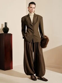 Arave Neutral Style Single-Breasted Diagonal Twill Fabric Women's Blazer, Casual Commute Urban Modern Jacket - Brown - View 7
