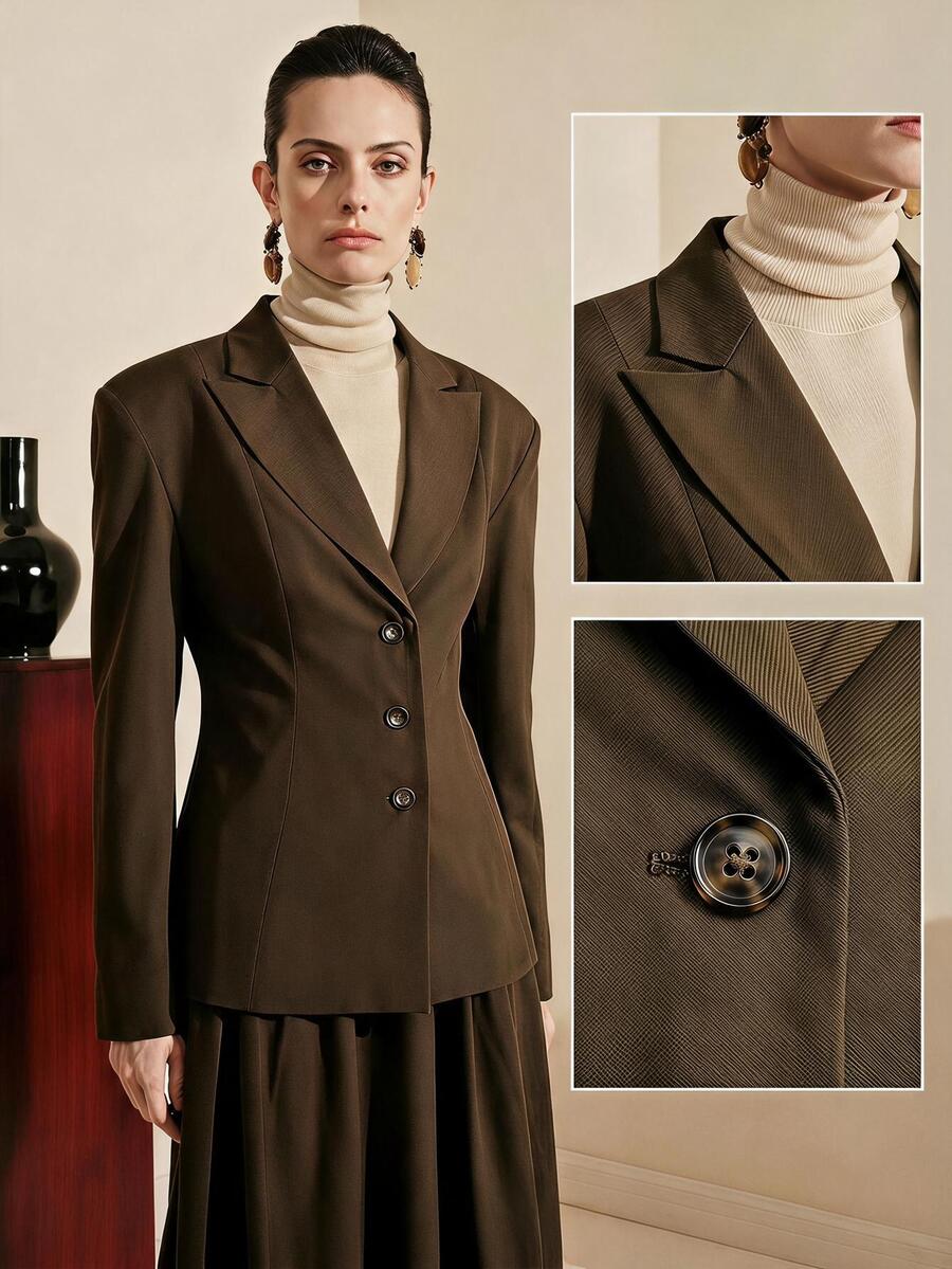 Arave Neutral Style Single-Breasted Diagonal Twill Fabric Women's Blazer, Casual Commute Urban Modern Jacket - Brown - View 1