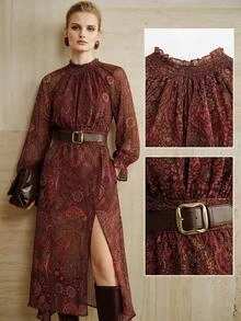 Arave Elegant Mature Style Lace Collar Waist-Cinching Design Flared Sleeve Geometric Print Side Slit Mid-Length Dress For Women - Multicolor - View 8