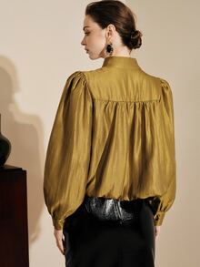 Arave Women's Blouse Puff Sleeve Loose Pleated Metallic Texture Retro Stand Collar Gold Button Puff Shoulder Hidden Placket Elegant Gold Blouse Commuting - Mustard Yellow - View 5