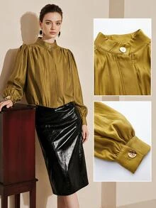Arave Women's Blouse Puff Sleeve Loose Pleated Metallic Texture Retro Stand Collar Gold Button Puff Shoulder Hidden Placket Elegant Gold Blouse Commuting - Mustard Yellow - View 8
