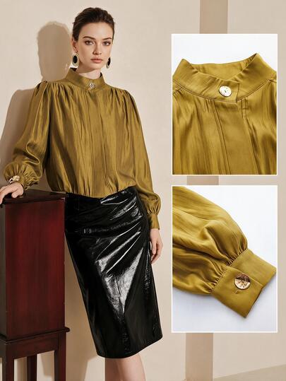 Arave Women's Blouse Puff Sleeve Loose Pleated Metallic Texture Retro Stand Collar Gold Button Puff Shoulder Hidden Placket Elegant Gold Blouse Commuting