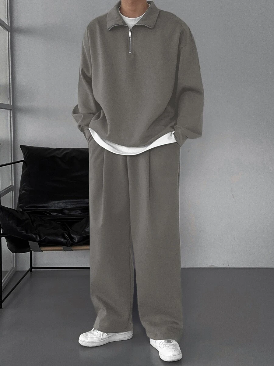 DAZY Men's Solid Color Fleece Sweatsuit Set, Autumn/Winter, Cozy Outfits - Dark Grey - View 1
